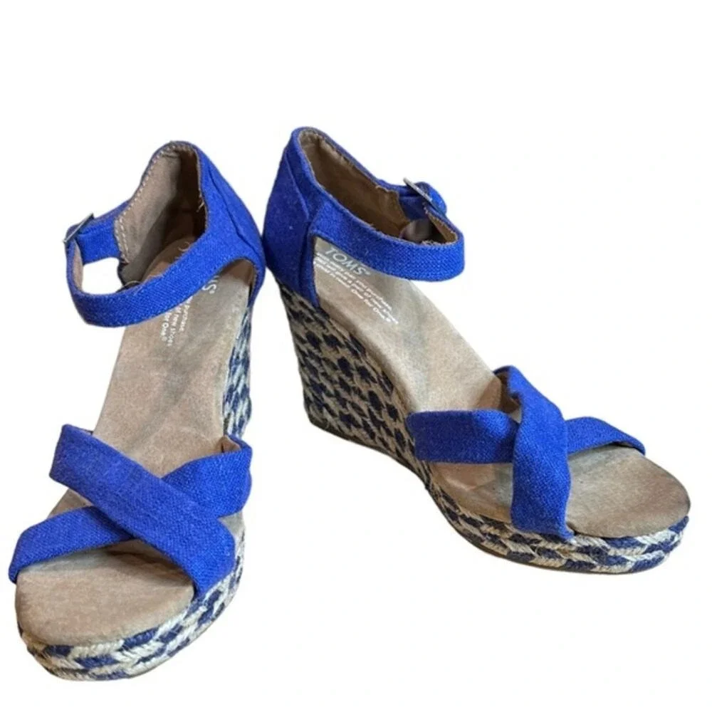 TOMS Espadrille Wedge Sandals‎ Women 8.5 Blue Good Canvas Buckle Strappy